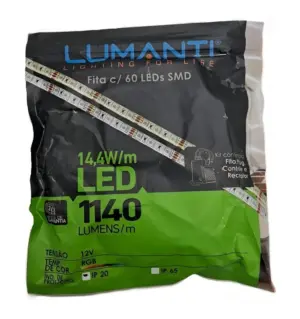 Fita Led 12v com 60leds Smd Rgb 14,4w 1140 Lumens Ip20 Rolo de 5 Metros com Receptor+controle e Plug Lumanti
